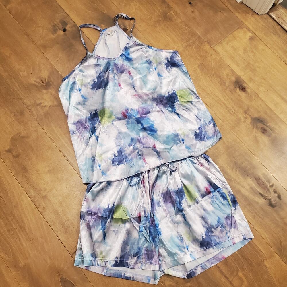 NWOT Summer Weatherly Satin Pajama L Set Camisole Top Ruffle Pocket Shorts